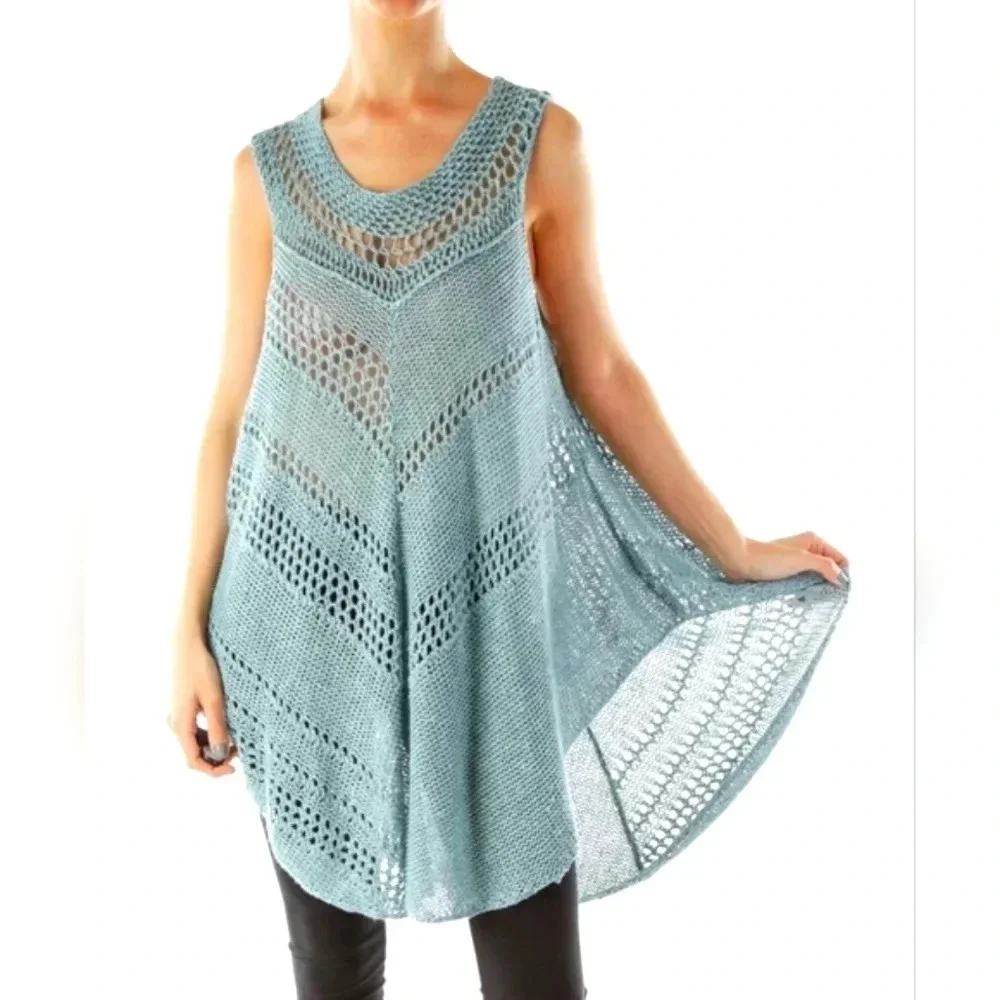 Free people Knit Crocheted Bohemian Beach Tunic Top Blue Oversized Small